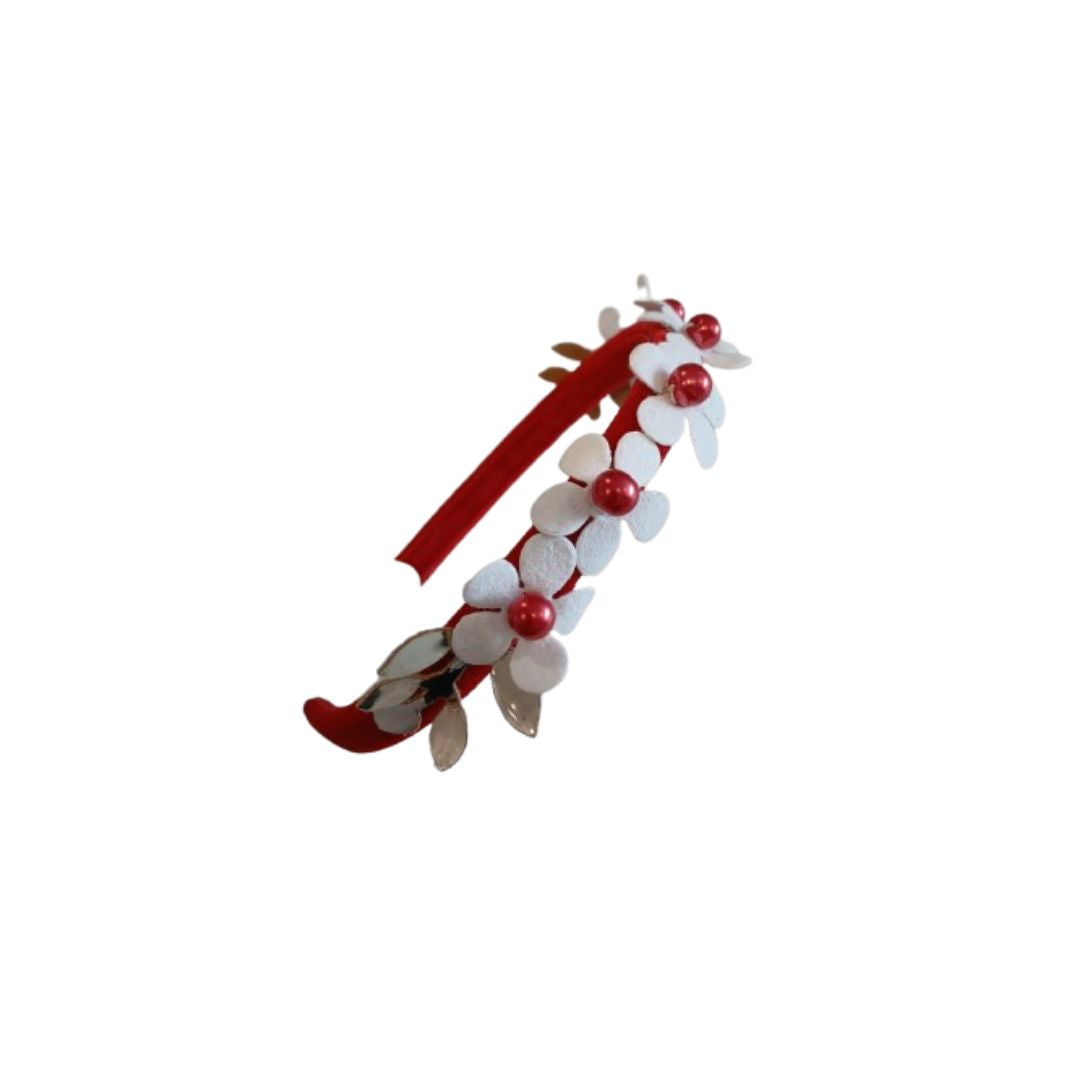 Vincha flores blancas con perlas rojas