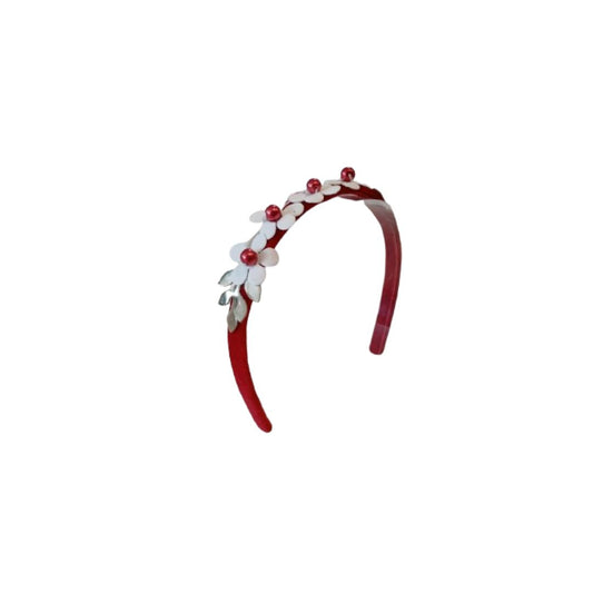 Vincha flores blancas con perlas rojas